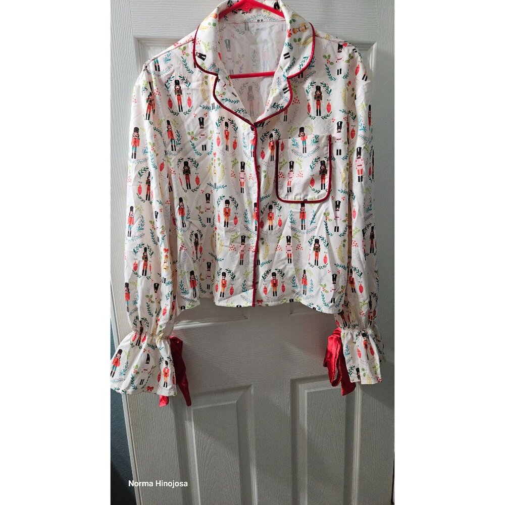 Nutcracker Soldier Print Pajama Top With Red Ribbon Cuffs & Pocket Button-Up Sty